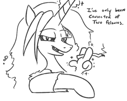 Size: 739x587 | Tagged: safe, artist:jargon scott, imported from derpibooru, oc, oc only, oc:dyx, alicorn, pony, black and white, female, grayscale, hand, lidded eyes, looking at you, magic, magic hands, mare, monochrome, older, older dyx, simple background, smoking, solo, talking to themself, white background