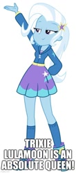 Size: 500x1135 | Tagged: safe, imported from derpibooru, trixie, equestria girls, equestria girls series, forgotten friendship, female, hand on hip, lidded eyes, raised hand, smiling, smug, solo, text