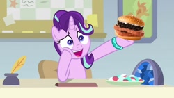 Size: 1280x720 | Tagged: safe, artist:heyitshayburgers, edit, edited screencap, imported from derpibooru, screencap, starlight glimmer, pony, unicorn, student counsel, solo, spam oreo burger