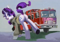 Size: 3508x2480 | Tagged: safe, artist:toisanemoif, imported from derpibooru, rarity, pony, unicorn, butt, dock, featureless crotch, female, fire engine, firefighter, high res, looking at you, looking back, looking back at you, mare, open mouth, open smile, plot, rearity, smiling, smiling at you, solo