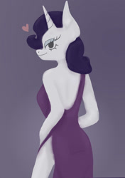 Size: 901x1280 | Tagged: safe, artist:0xinly, imported from derpibooru, rarity, anthro, unicorn, heart, lidded eyes, looking at you, looking back, looking back at you, purple dress, side slit, simple background, smiling, solo