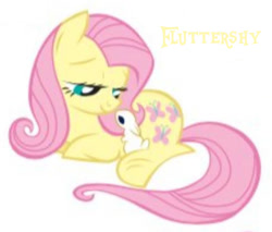 Size: 720x614 | Tagged: safe, artist:lauren faust, imported from derpibooru, fluttershy, earth pony, pony, rabbit, 2009, animal, cropped, cuddling, earth pony fluttershy, lying down, needs more jpeg, prone, show bible, sitting, smiling, solo