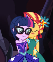 Size: 1024x1188 | Tagged: safe, artist:emeraldblast63, imported from derpibooru, sci-twi, sunset shimmer, twilight sparkle, equestria girls, legend of everfree, bare shoulders, clothes, crystal ball, dress, female, lesbian, scitwishimmer, shipping, sleeveless, strapless, sunlight, sunsetsparkle