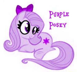 Size: 720x672 | Tagged: safe, artist:lauren faust, edit, editor:pagiepoppie12345, imported from derpibooru, oc, oc only, oc:purple posey, earth pony, pony, bow, hair bow, lying down, needs more jpeg, prone, recolor, simple background, smiling, solo, the power-up ponies, white background