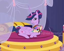 Size: 636x501 | Tagged: safe, artist:sia.brony, imported from derpibooru, twilight sparkle, oc, oc:sia, alicorn, pony, alicorn oc, baby, baby pony, bed, duo, female, filly, hair bun, horn, indoors, lying down, mare, mother and child, mother and daughter, offspring, parent:twilight sparkle, prone, smiling, tail bun, twilight sparkle (alicorn), ultimate twilight, watermark, wings