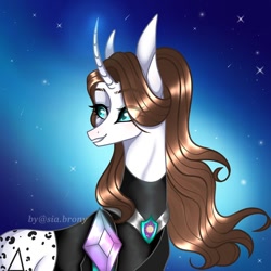 Size: 1000x1000 | Tagged: safe, artist:sia.brony, imported from derpibooru, oc, oc only, pony, unicorn, bust, clothes, curved horn, female, horn, looking back, mare, smiling, solo, space, stars, unicorn oc