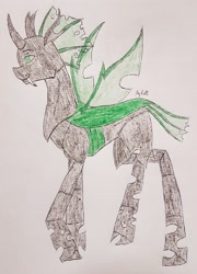 Size: 2263x3139 | Tagged: safe, artist:agdapl, imported from derpibooru, oc, oc only, changeling, changeling oc, fangs, green changeling, high res, male, smiling, solo, traditional art