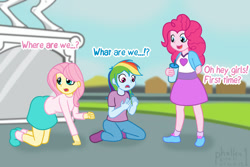 Size: 1280x854 | Tagged: safe, artist:phallen1, imported from derpibooru, fluttershy, pinkie pie, rainbow dash, human, equestria girls, atg 2021, clothes, dialogue, equestria girls-ified, female, humans doing horse things, newbie artist training grounds, pants, pony to human, shirt, skirt, statue, transformed, trio, trio female