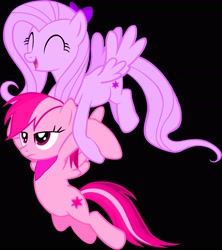 Size: 2383x2678 | Tagged: safe, imported from derpibooru, oc, oc:purple posey, oc:rosy posey, pegasus, pony, bandana, black background, bow, carrying, eyes closed, flying, hair bow, high res, recolor, simple background, smiling, the power-up ponies, unamused, vector