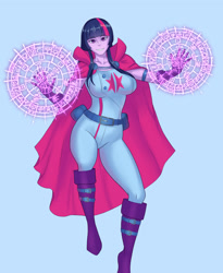 Size: 1280x1563 | Tagged: safe, artist:horizonah, imported from derpibooru, twilight sparkle, equestria girls, belt, big breasts, boots, breasts, busty twilight sparkle, cape, clothes, commission, costume, crossover, doctor strange, female, gloves, grin, high heel boots, magic, motorcross, shoes, simple background, smiling, solo