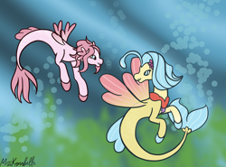 Size: 1526x1128 | Tagged: safe, artist:misskanabelle, imported from derpibooru, princess skystar, oc, oc:pink promenade, hybrid, pony, seapony (g4), my little pony: the movie, duo, female, interspecies offspring, looking back, magical lesbian spawn, mother and child, mother and daughter, offspring, parent:pinkie pie, parent:princess skystar, parents:skypie, seapony oc, signature, underwater