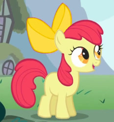 Size: 501x537 | Tagged: safe, edit, edited screencap, imported from derpibooru, screencap, apple bloom, earth pony, pony, call of the cutie, season 1, apple bloom's bow, bow, cropped, female, filly, hair bow, recolor, smiling, solo