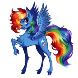 Size: 1576x1576 | Tagged: safe, artist:gurlexdee, imported from derpibooru, rainbow dash, pegasus, pony, chest fluff, female, mare, raised hoof, simple background, smiling, smirk, solo, spread wings, unshorn fetlocks, white background, wings