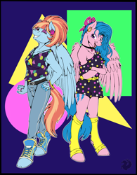 Size: 3029x3885 | Tagged: safe, artist:stormblaze-pegasus, imported from derpibooru, firefly, windy whistles, anthro, pegasus, unguligrade anthro, 80's fashion, abstract background, clothes, commission, crossed arms, dress, duo, duo female, ear piercing, earring, eye clipping through hair, female, grin, hand on hip, high res, jeans, jewelry, leggings, looking at you, necklace, one eye closed, pants, piercing, shoes, siblings, sisters, smiling, smiling at you, sneakers, tanktop, wink, winking at you, younger