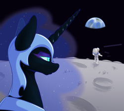 Size: 2000x1800 | Tagged: safe, artist:aquaticvibes, imported from derpibooru, nightmare moon, alicorn, human, pony, aeiou, astronaut, atg 2021, earth, female, luna and the nauts, mare, moon, moonbase alpha, newbie artist training grounds, on the moon, planet, space, unamused