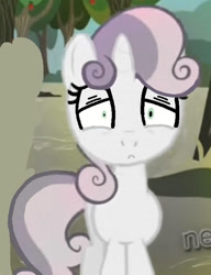 Size: 534x694 | Tagged: safe, edit, edited screencap, imported from derpibooru, screencap, sweetie belle, pony, unicorn, one bad apple, season 3, 1000 hours in ms paint, akuryo bubbles, desaturated, female, filly, shrunken pupils, tired