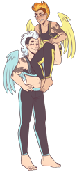 Size: 2200x4960 | Tagged: safe, artist:kikirdcz, imported from derpibooru, fleetfoot, spitfire, human, alternate hairstyle, barefoot, belly button, blushing, clothes, commission, eyes closed, feet, female, fleetfire, gritted teeth, high res, humanized, lesbian, muscles, nail polish, nonbinary, pants, shipping, simple background, sports bra, sweatpants, tattoo, toenail polish, transparent background, winged humanization, wings