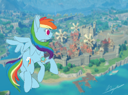 Size: 2000x1486 | Tagged: safe, artist:magnusmagnum, imported from derpibooru, rainbow dash, pegasus, pony, butt, crossover, female, flying, genshin impact, mare, mondstadt, plot, rainbutt dash, smiling, solo, wings