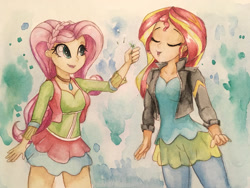 Size: 1280x965 | Tagged: safe, artist:astevenamedwolf, imported from derpibooru, fluttershy, sunset shimmer, equestria girls, friendship through the ages, blowing, clothes, dandelion, dress, duo, duo female, eyes closed, female, folk fluttershy, grass, scene interpretation, traditional art