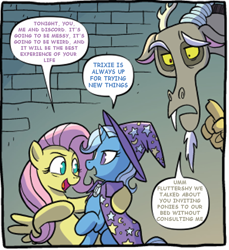 Size: 750x818 | Tagged: safe, edit, idw, imported from derpibooru, discord, fluttershy, trixie, spoiler:comic, spoiler:comic97, bisexual, comic, dialogue, female, hoof on shoulder, implied sex, lesbian, male, polyamory, shipping, sluttershy, speech bubble, straight, text edit, trio, trixifluttercord