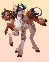 Size: 2536x3208 | Tagged: safe, artist:ohhoneybee, imported from derpibooru, oc, oc only, oc:kloh, oc:maxwell, earth pony, pony, coat markings, facial markings, female, gradient background, high res, horns, mare, star (coat marking)
