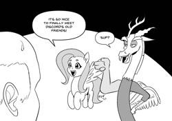 Size: 1280x902 | Tagged: safe, artist:fuzzgod5, imported from derpibooru, discord, fluttershy, draconequus, human, pegasus, pony, atg 2021, black and white, captain picard, dialogue, disqord, female, grayscale, jean-luc picard, male, mare, monochrome, newbie artist training grounds, offscreen character, q, speech bubble, star trek, star trek: the next generation, sweat, sweatdrop, trio, voice actor joke