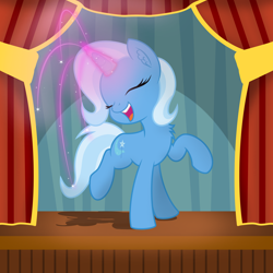 Size: 4000x4000 | Tagged: safe, artist:pizzamovies, derpibooru exclusive, imported from derpibooru, trixie, pony, unicorn, absurd resolution, blushing, chest fluff, curtains, cute, cutie mark, diatrixes, eyes closed, female, glowing horn, happy, horn, magic, mare, open mouth, open smile, raised hoof, raised leg, smiling, solo, sparkles, stage
