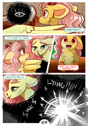 Size: 2100x3000 | Tagged: safe, artist:loryska, imported from derpibooru, fluttershy, oc, oc:larkspur, draconequus, hybrid, pony, comic:friendship grows, blood, high res, interspecies offspring, nosebleed, offspring, parent:discord, parent:fluttershy, parents:discoshy, younger