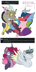 Size: 1328x2622 | Tagged: safe, artist:moccabliss, imported from derpibooru, cosmos (character), discord, oc, oc:aztec, oc:crystal medallion, oc:moonstone apogee, alicorn, draconequus, pony, ask, baby, coscord, cosmos, cousins, curved horn, draconequus oc, ethereal mane, family, female, horn, magical threesome spawn, male, mare, offspring, parent:cosmos, parent:discord, parent:flash sentry, parent:king sombra, parent:princess celestia, parent:princess luna, parent:tempest shadow, parents:celestibra, parents:coscord, shipping, simple background, spread wings, stallion, starry mane, straight, white background, wings