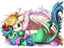 Size: 3509x2650 | Tagged: safe, artist:pridark, imported from derpibooru, oc, oc only, oc:exist, oc:lex rudera, hybrid, kirin, pegasus, pony, blushing, clothes, cloven hooves, cuddling, cute, eyebrows, eyebrows visible through hair, eyes closed, feather, floppy ears, gay, glasses, griffequus, high res, horn, kirin oc, lying down, male, on back, one eye closed, open mouth, paws, simple background, smiling, socks, spread wings, tickling, transparent background, wings