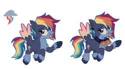 Size: 1280x706 | Tagged: safe, artist:vat7k, imported from derpibooru, rainbow dash, pegasus, pony, chest fluff, colored wings, female, goggles, gradient wings, mare, multicolored wings, rainbow wings, redesign, solo, unshorn fetlocks, wings