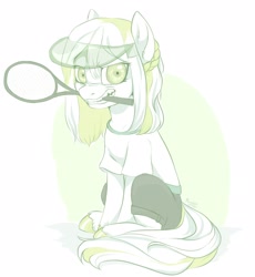 Size: 1984x2160 | Tagged: safe, artist:megabait, imported from derpibooru, oc, oc only, earth pony, pony, aggression, baseball cap, cap, clothes, earth pony oc, female, gritted teeth, hat, high res, mare, mouth hold, shirt, shorts, sitting, sketch, solo, sports, t-shirt, tennis, tennis racket