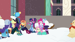 Size: 1920x1082 | Tagged: safe, imported from derpibooru, screencap, applejack, fluttershy, pinkie pie, rainbow dash, rarity, sci-twi, sunset shimmer, twilight sparkle, equestria girls, equestria girls series, holidays unwrapped, spoiler:eqg series (season 2), blizzard or bust, humane five, humane seven, humane six, snowman