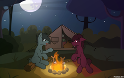 Size: 4000x2516 | Tagged: safe, artist:pegasko, imported from derpibooru, oc, oc only, campfire, camping, food, forest, marshmallow, moon, night, stars, stick, tent, vector