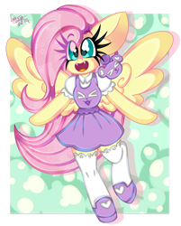 Size: 1280x1595 | Tagged: safe, artist:ladylullabystar, imported from derpibooru, fluttershy, pegasus, pony, semi-anthro, >.<, big ears, clothes, cute, dress, eye clipping through hair, fangs, long eyelashes, open mouth, shoes, shyabetes, simple background, socks, solo, stockings, thigh highs, transparent background