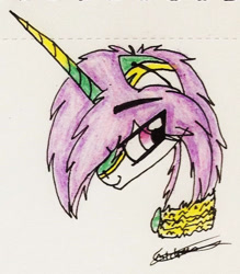 Size: 667x762 | Tagged: safe, artist:beamybutt, imported from derpibooru, oc, oc only, pony, unicorn, bust, horn, signature, smiling, solo, traditional art, unicorn oc