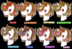 Size: 1596x1080 | Tagged: safe, artist:jvartes6112, imported from derpibooru, oc, oc only, oc:jv6112, pony, unicorn, angry, black background, blush sticker, blushing, disgusted, expressions, grin, horn, male, nervous, scared, simple background, smiling, smirk, stallion, unicorn oc