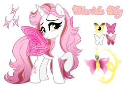 Size: 1596x1080 | Tagged: safe, artist:jvartes6112, imported from derpibooru, oc, oc only, oc:merida shy, alicorn, butterfly, pony, alicorn oc, butterfly wings, eyelashes, female, horn, mare, offspring, parent:fluttershy, parent:oc:jv6112, parents:canon x oc, raised hoof, reference sheet, simple background, smiling, solo, transparent background, wings