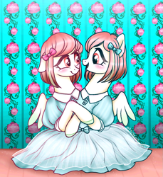 Size: 1035x1129 | Tagged: safe, artist:jvartes6112, imported from derpibooru, oc, oc only, pegasus, pony, addams family, adoracreepy, blushing, bow, clothes, conjoined, conjoined twins, creepy, cute, dress, duo, eyelashes, flora and fauna amor, hair bow, hug, pegasus oc, siblings, smiling, the addams family, twins, wings