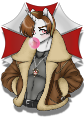 Size: 1080x1596 | Tagged: safe, artist:jvartes6112, imported from derpibooru, oc, oc only, oc:jv6112, anthro, pony, unicorn, 2020, bubblegum, bust, clothes, food, gum, horn, jewelry, leon s. kennedy, male, necklace, ponified, resident evil, simple background, solo, transparent background