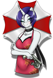 Size: 1080x1596 | Tagged: safe, artist:jvartes6112, imported from derpibooru, rarity, anthro, unicorn, ada wong, bust, choker, clothes, cosplay, costume, crossed arms, gun, horn, makeup, one eye closed, resident evil, simple background, smiling, solo, transparent background, weapon, wink