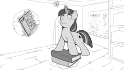 Size: 1920x1080 | Tagged: safe, artist:pencilfriend, imported from derpibooru, twilight sparkle, pony, unicorn, bookshelf, chalkboard, cutie mark, door, levitation, magic, monochrome, solo, spell, sweat, telekinesis, window