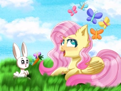 Size: 2160x1620 | Tagged: safe, artist:galaxy swirl, imported from derpibooru, angel bunny, fluttershy, butterfly, pegasus, pony, rabbit, angel, animal, carrot, ear fluff, food, grass, lying down, prone, sky