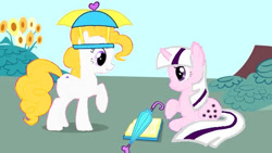 Size: 638x360 | Tagged: safe, edit, imported from derpibooru, surprise, twilight, pegasus, pony, unicorn, feeling pinkie keen, 2009, book, confused, g1, g1 to g4, g4, generation leap, hat, show bible, show pilot, smiling, stars, start of ponies, twilight (g1), umbrella, umbrella hat, wings