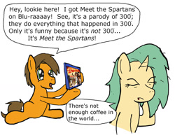 Size: 1280x990 | Tagged: safe, artist:ebbysharp, imported from derpibooru, oc, oc only, oc:ebbysharp, earth pony, pony, 300, duo, female, male, meet the spartans, naruto the abridged series, parody, simple background, speech bubble, white background