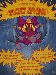 Size: 3024x4032 | Tagged: safe, artist:wispy tuft, imported from derpibooru, sphinx (character), sphinx, chibi, clothes, cough* jinxy (character), cute, description is relevant, ear fluff, egyptian, excessive fluff, fake ad, headdress, jeans, jewelry, macro, macro/micro, marsupial, micro, pants, pocket sphinx, solo, spread wings, tiny giantess, wholesome, wings