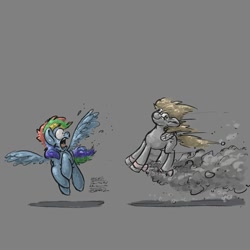 Size: 2000x2000 | Tagged: safe, artist:rigbyh00ves, artist:th3ipodm0n, imported from derpibooru, derpy hooves, rainbow dash, pegasus, pony, atg 2020, duo, female, gotta go fast, gray background, high res, newbie artist training grounds, open mouth, scared, simple background, this will end in pain