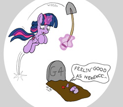 Size: 1241x1080 | Tagged: safe, artist:ebbysharp, imported from derpibooru, twilight sparkle, alicorn, pony, undead, unicorn, zombie, my little pony: pony life, atg 2020, end of ponies, female, g4, g4.5, good as hell, grave, gravestone, jumping, magic, newbie artist training grounds, pony life, shovel, speech bubble, swinging, telekinesis, twilight sparkle (alicorn), unicorn twilight