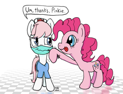 Size: 1700x1300 | Tagged: safe, artist:ebbysharp, imported from derpibooru, nurse redheart, pinkie pie, earth pony, pony, atg 2020, coronavirus, drawing, duo, face mask, female, mask, newbie artist training grounds, simple background, speech bubble, white background