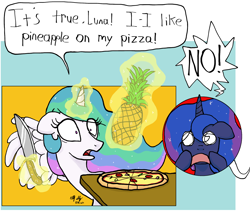 Size: 2000x1700 | Tagged: safe, artist:ebbysharp, imported from derpibooru, princess celestia, princess luna, alicorn, pony, atg 2020, duo, food, glowing horn, herbivore, horn, knife, magic, newbie artist training grounds, pineapple, pineapple pizza, pizza, pure unfiltered evil, speech bubble, telekinesis, traumatized